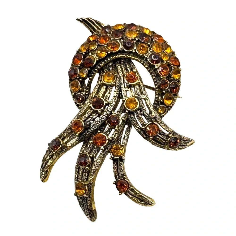 Vintage Gold Tone Amber Citrine Rhinestone Spray Brooch Pin Mid-Century‎ Style